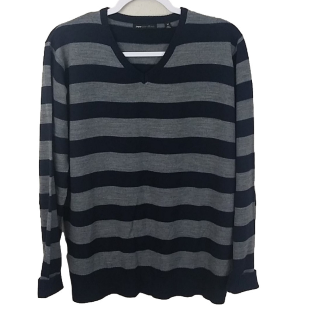 Paper Denim & Cloth Blue Stripe V-Neck Long Sleeve Pullover Light Weight Sweater